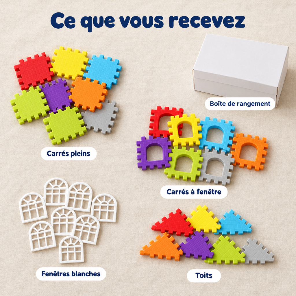 Ce que vous recevez : carrés pleins, carrés à fenêtre, fenêtres blanches, toits et boîte de rangement SnapBlocks