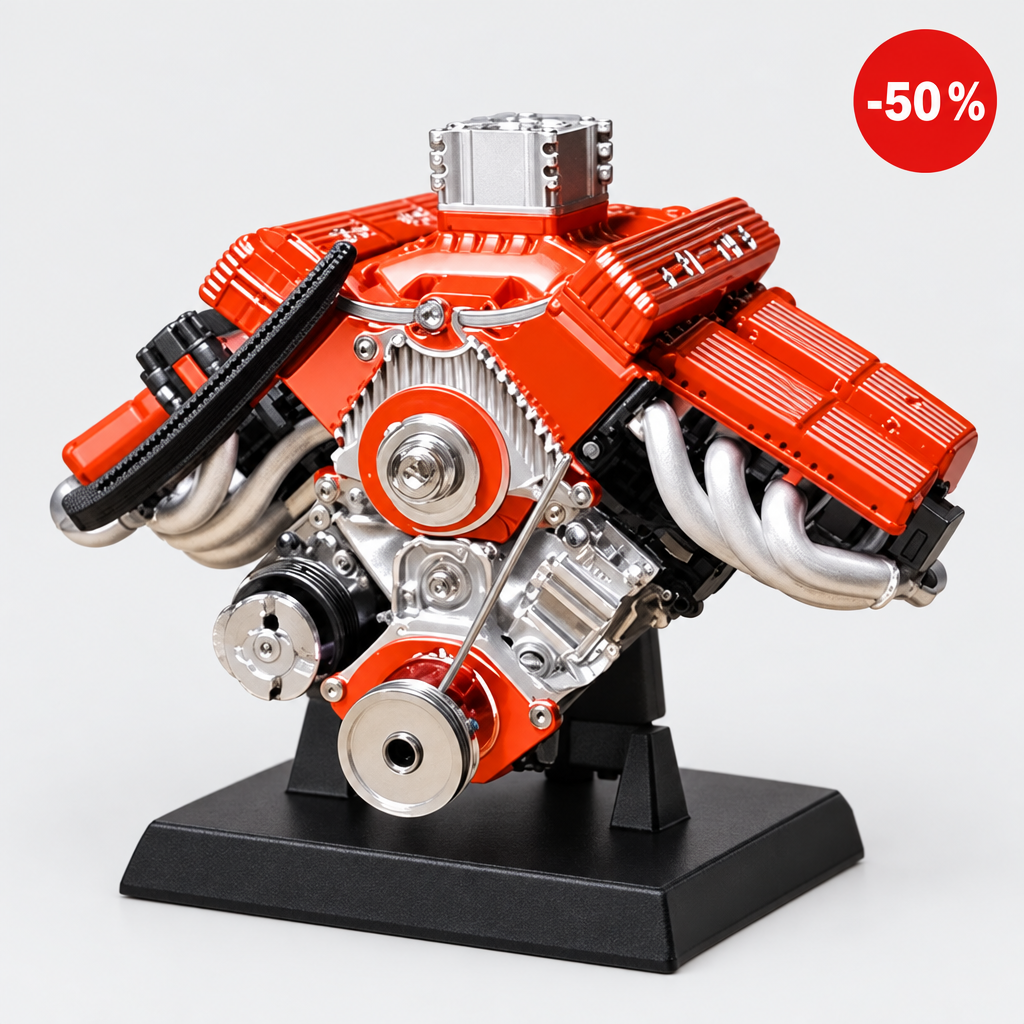 PistonPlay™ : maquette de moteur V8 rouge montée sur son socle, offre -50 %