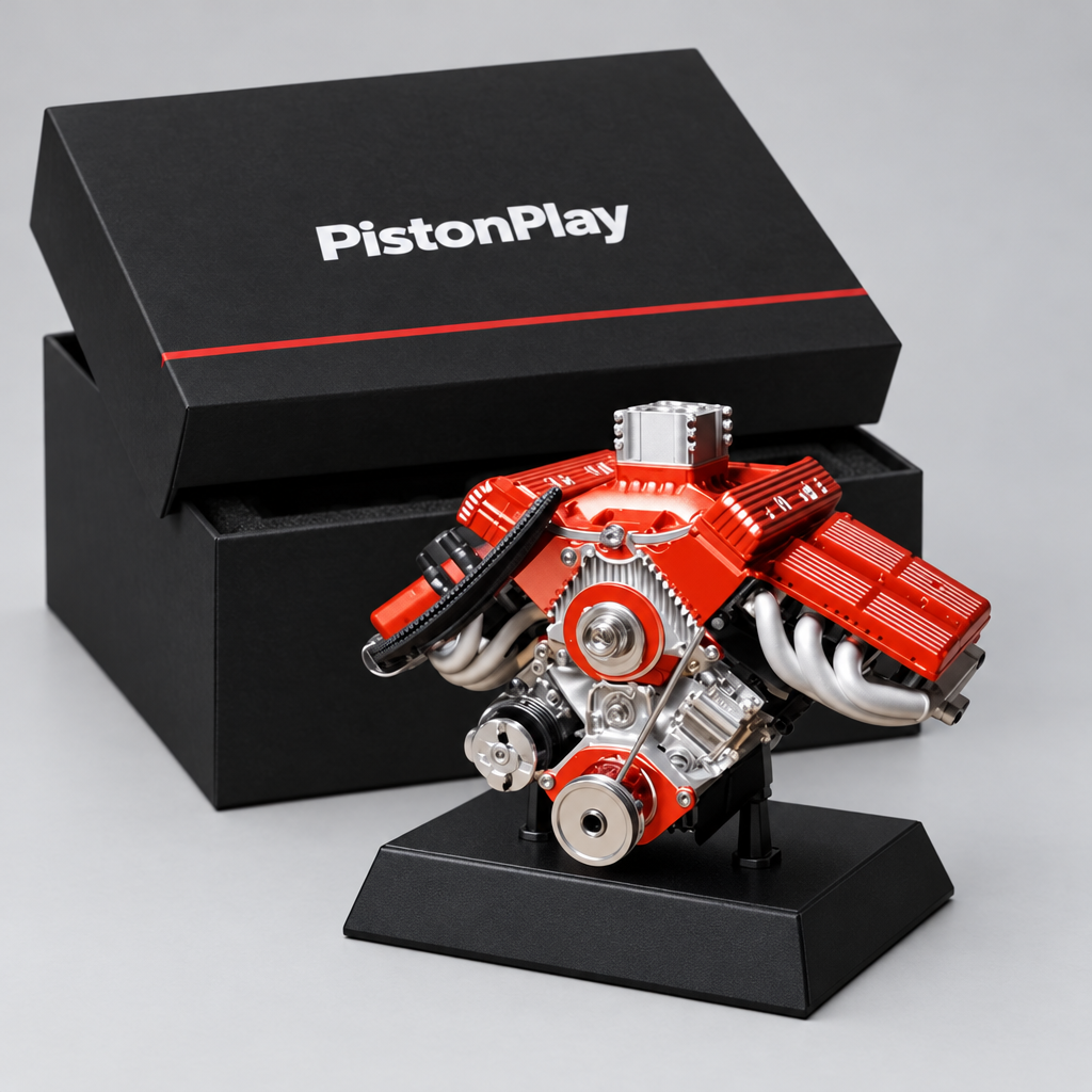 La boîte PistonPlay et le moteur V8 monté sur son socle