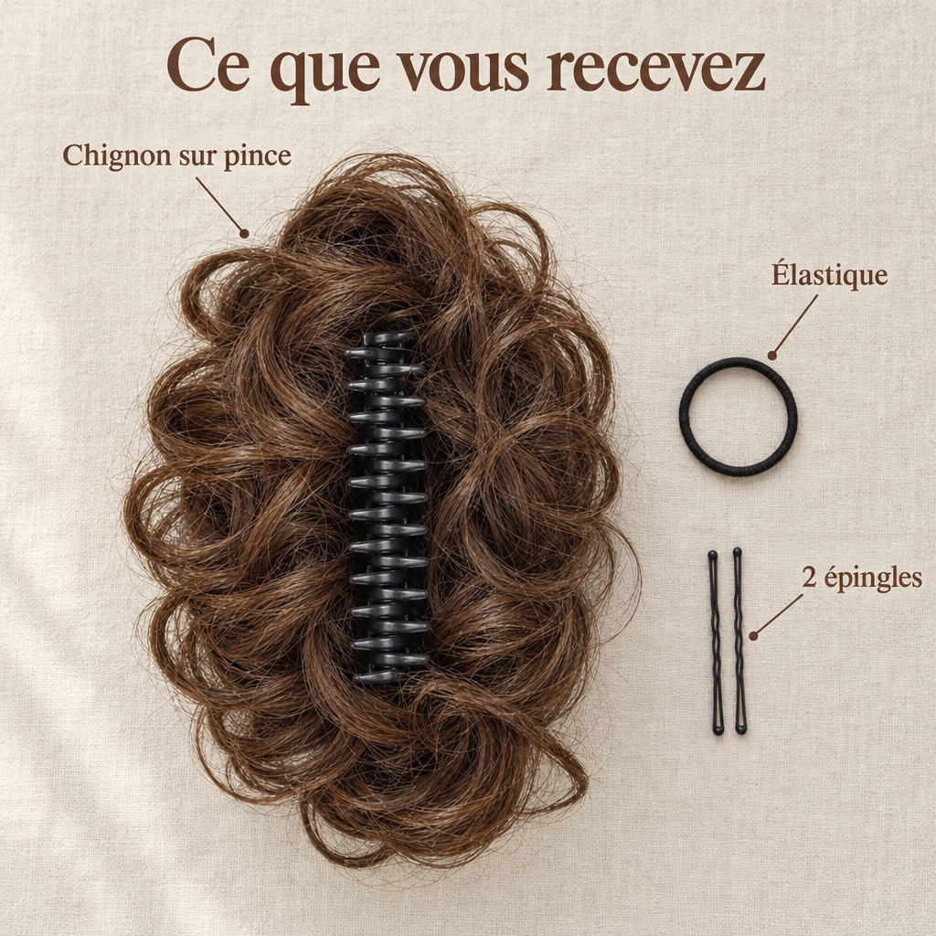 Ce que vous recevez : chignon sur pince crabe, élastique et 2 épingles