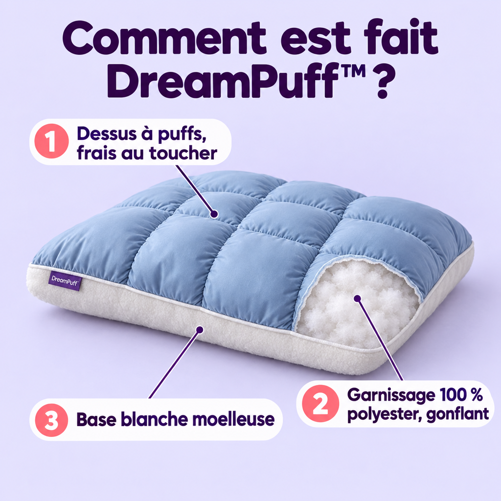 Comment est fait DreamPuff : dessus à puffs, garnissage 100 % polyester, base blanche