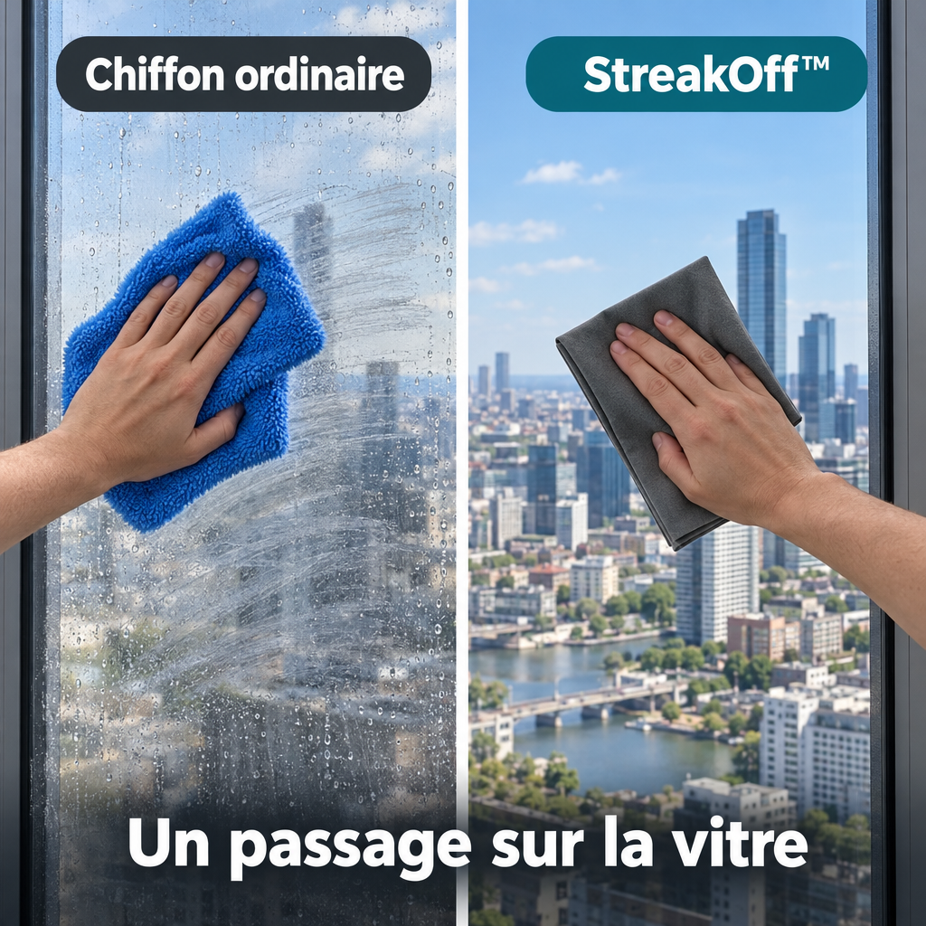 Chiffon ordinaire et StreakOff sur une vitre : un passage