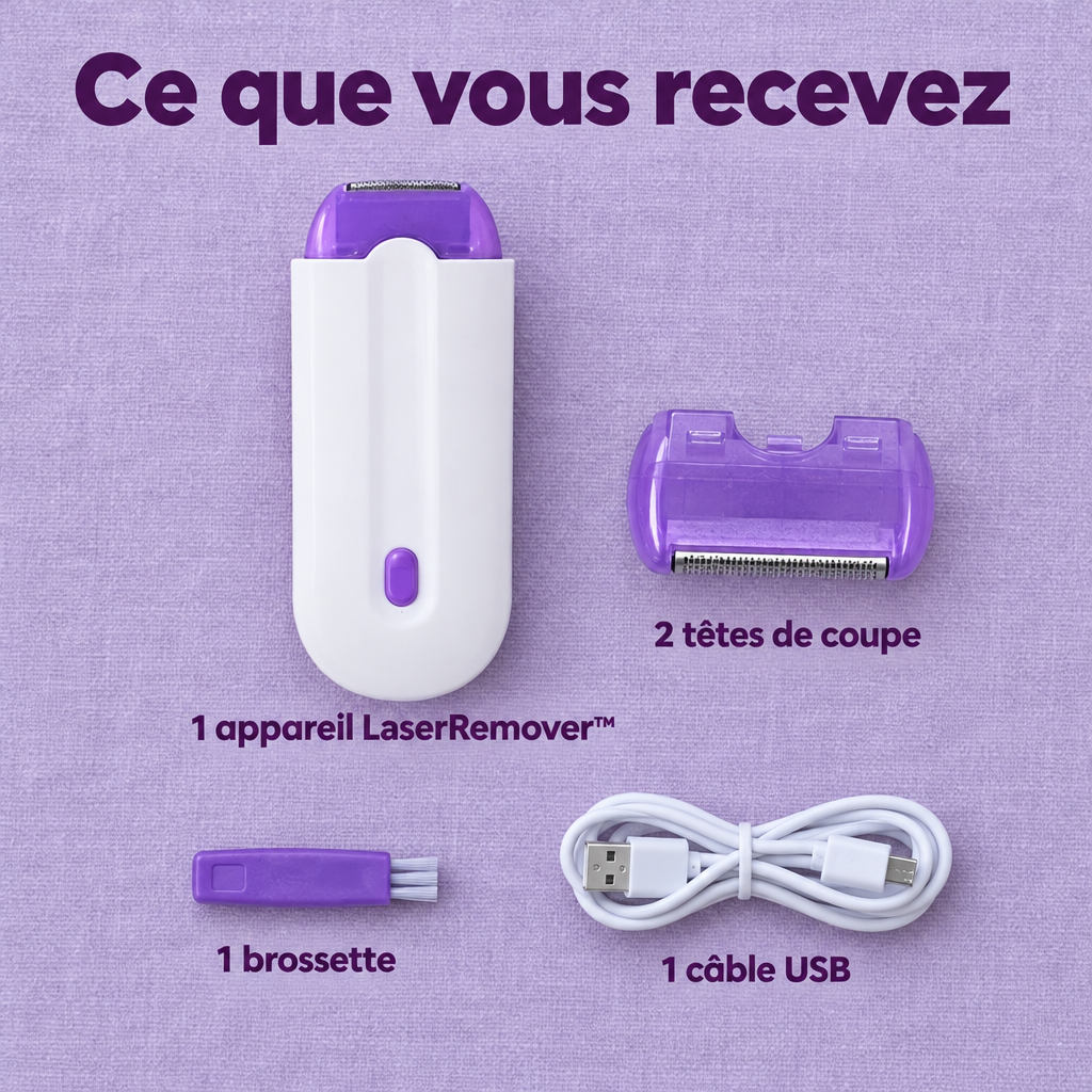 Ce que vous recevez : appareil, 2 têtes de coupe, brossette et câble USB