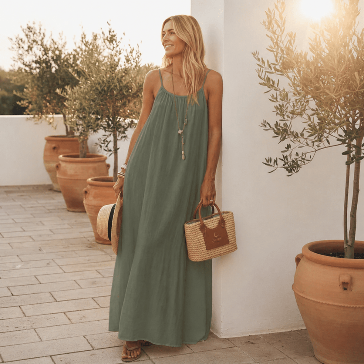 La robe Vivian vert olive en terrasse