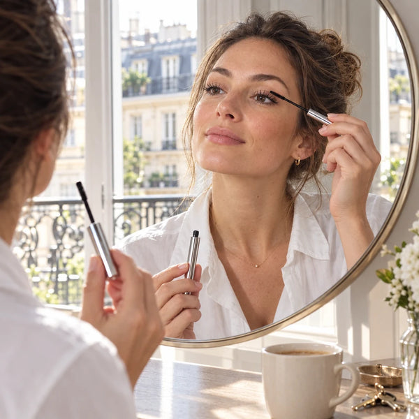 Application du mascara LashLift le matin devant le miroir