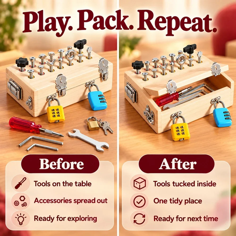 -50 % · OFFRE LIMITÉE · LockLearn™ · Coffret Montessori de vissage et serrures