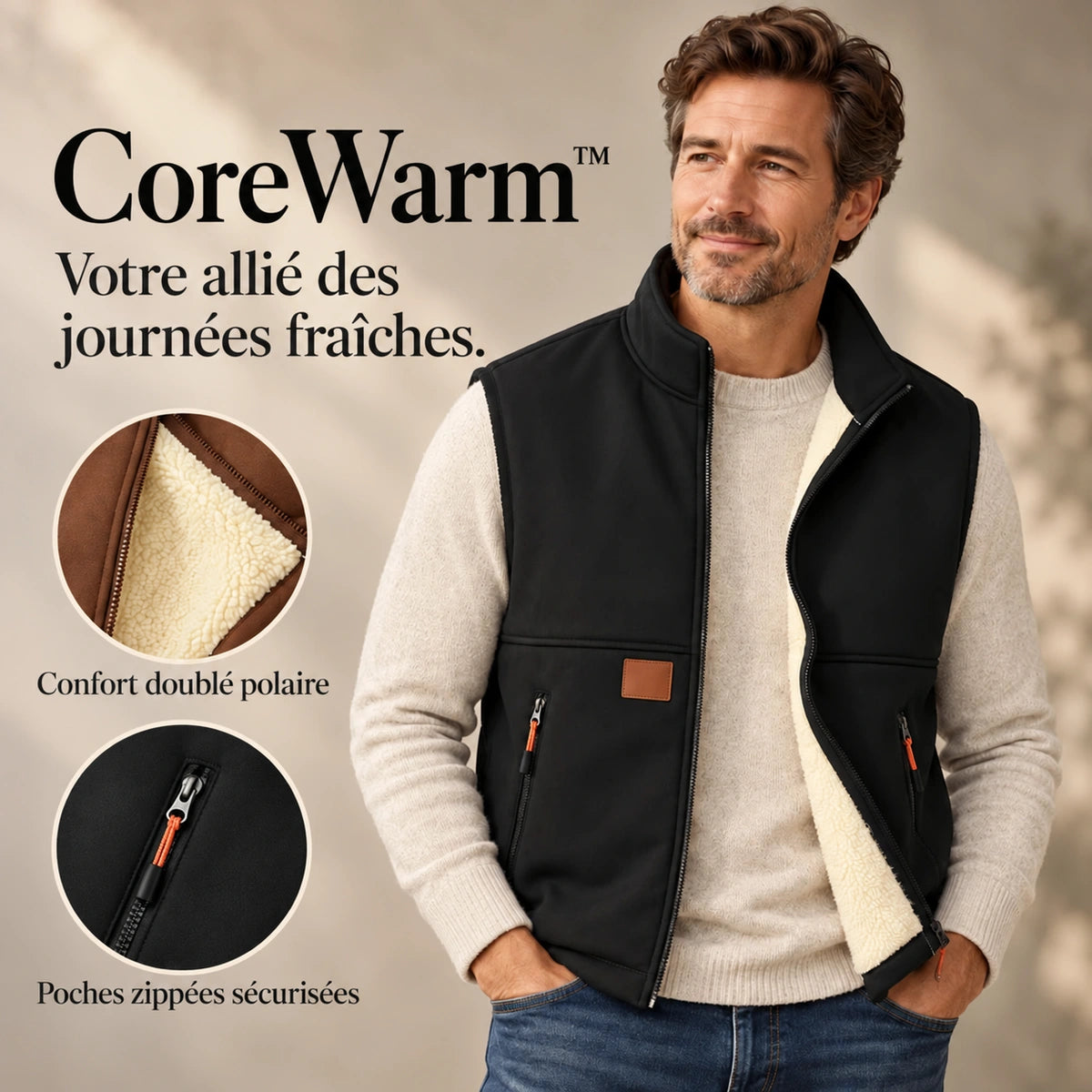 CoreWarm™, gilet noir doublé polaire, porté avec un pull clair