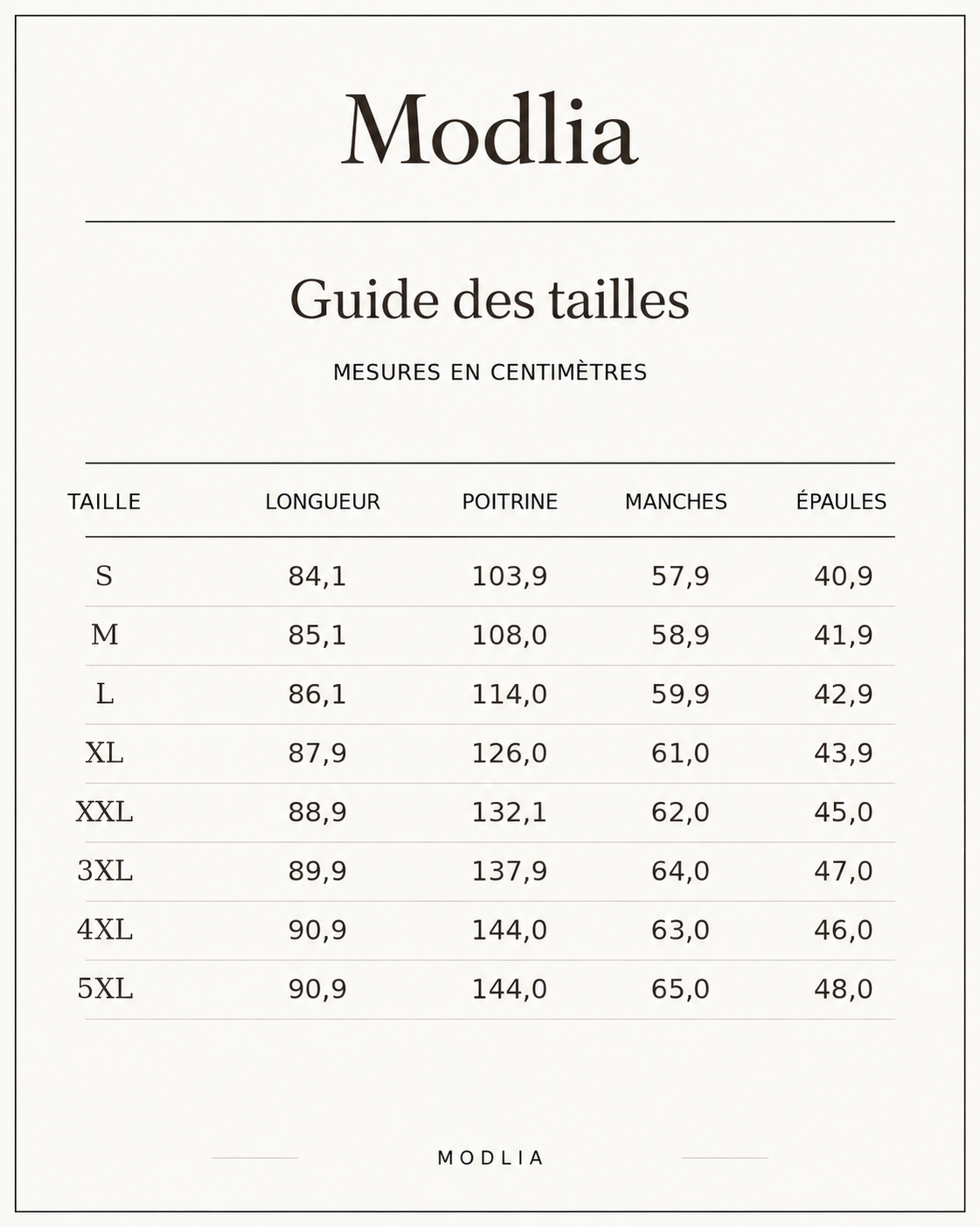 Modlia · FuzzWrap™ · Guide des tailles en centimètres