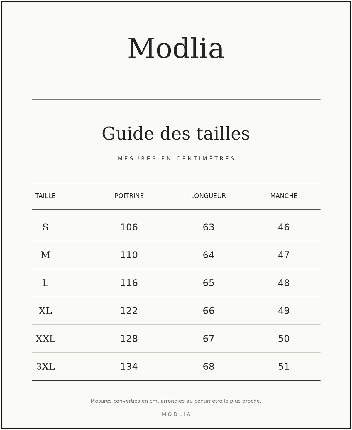 lapelchic, guide des tailles en centimètres