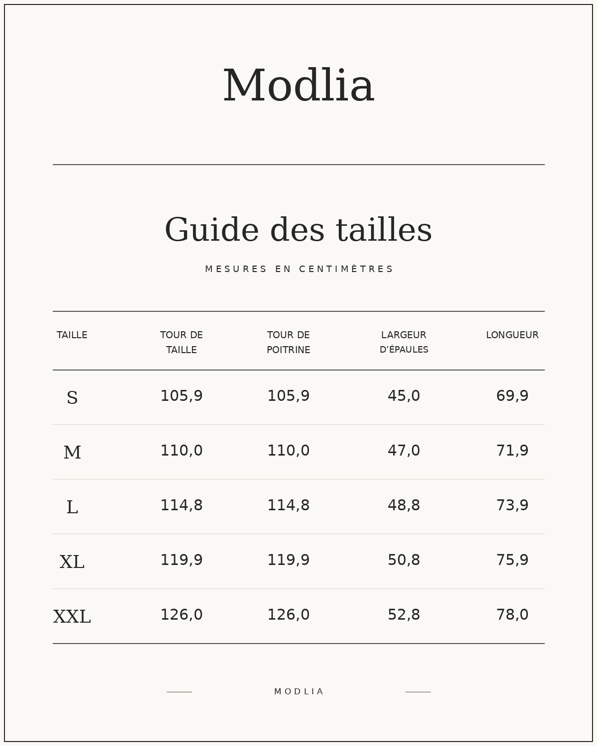 TrioCrew™, guide des tailles en centimètres