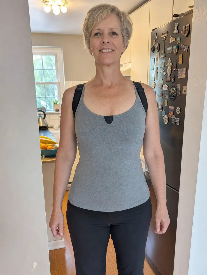 Photo cliente : de face, posture droite et épaules ouvertes avec le PostureBra
