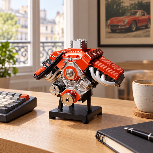 Moteur V8 PistonPlay rouge posé sur son socle sur un bureau en chêne clair, à côté d