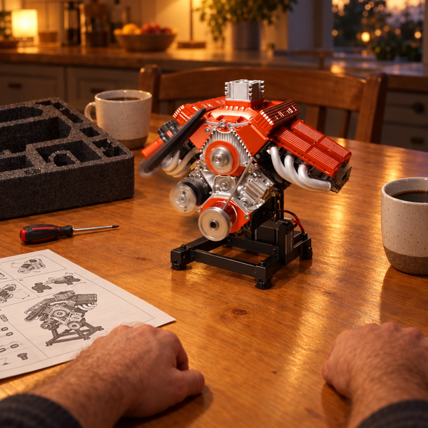 Moteur V8 PistonPlay fraîchement monté qui tourne sur la table de la cuisine