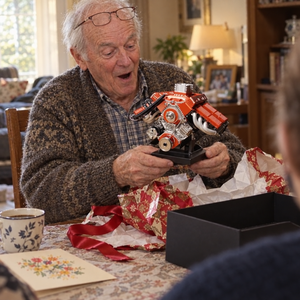 Photo client : un grand-père déballe son moteur PistonPlay pour ses 70 ans