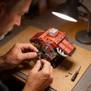 Photo client : des doigts tendent une courroie du moteur PistonPlay à la pince