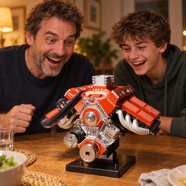 Un père et son fils rient devant le moteur PistonPlay qui démarre