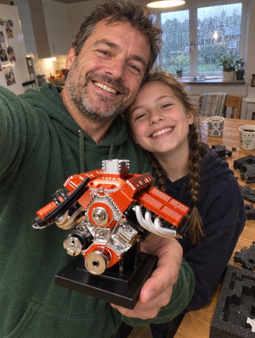 Photo client : un père et sa fille montent le kit PistonPlay sur la table de la cuisine