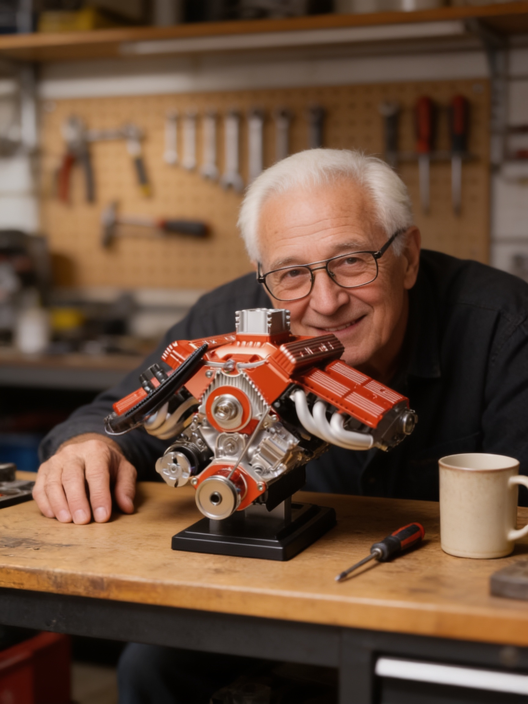 Photo client : un retraité à son établi de garage, le moteur PistonPlay tourne sous la lampe