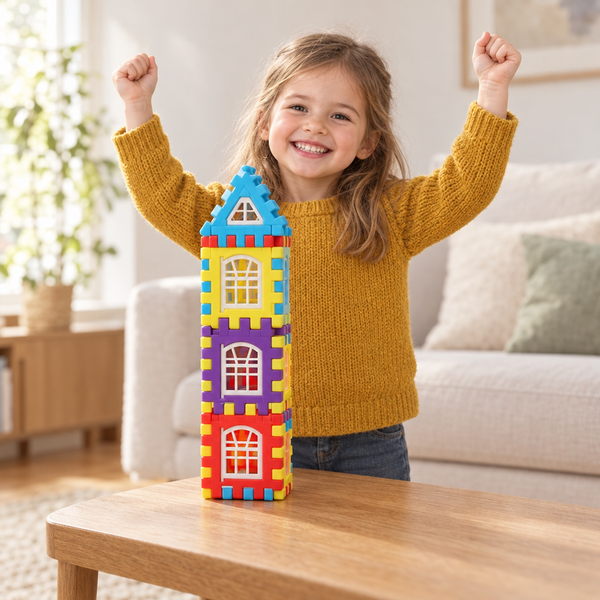 Une fillette de 4 ans lève les bras derrière la tour de maisons SnapBlocks qu'elle a construite seule sur la table basse