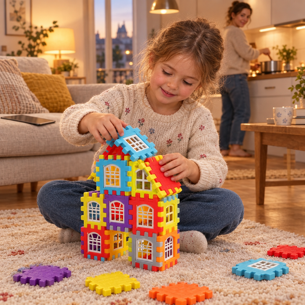 Une fillette construit sa maison SnapBlocks sur le tapis du salon en fin de journée pendant que le dîner se prépare