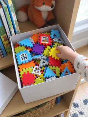 Avis client : boîte de rangement SnapBlocks pleine sur une étagère