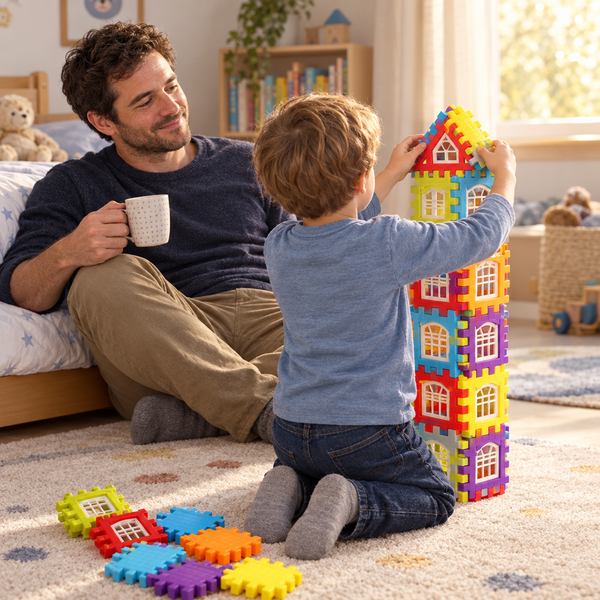 Un père regarde son fils terminer une tour SnapBlocks