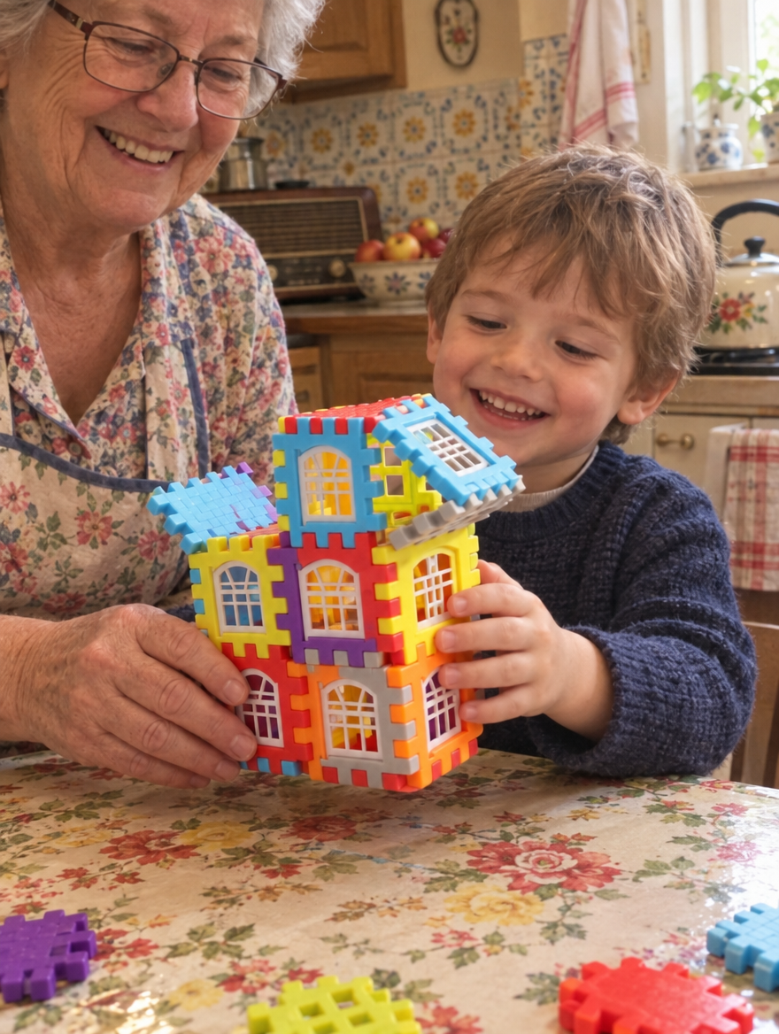 Photo client : grand-mère et petit-fils construisent une maison SnapBlocks sur la table de la cuisine