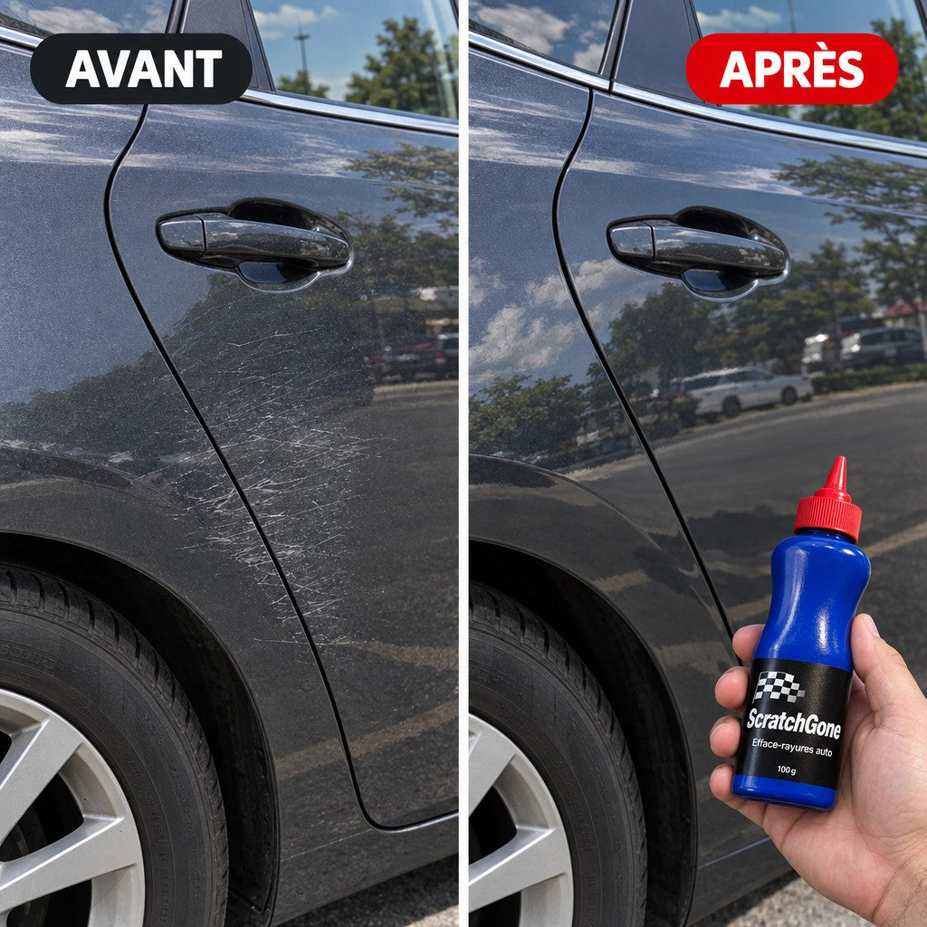 Avant après : portière grise rayée puis lisse après ScratchGone