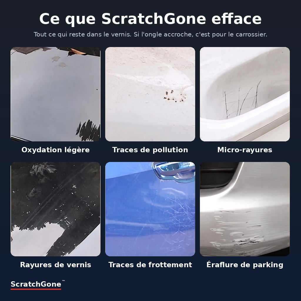 Ce que ScratchGone efface : oxydation légère, pollution, micro-rayures, traces de frottement