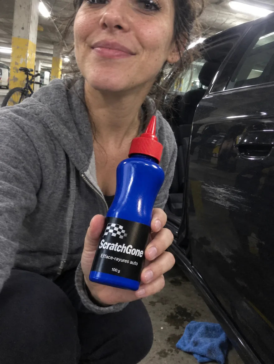 Photo cliente : flacon ScratchGone tenu devant la portière noire d'une citadine dans un parking souterrain