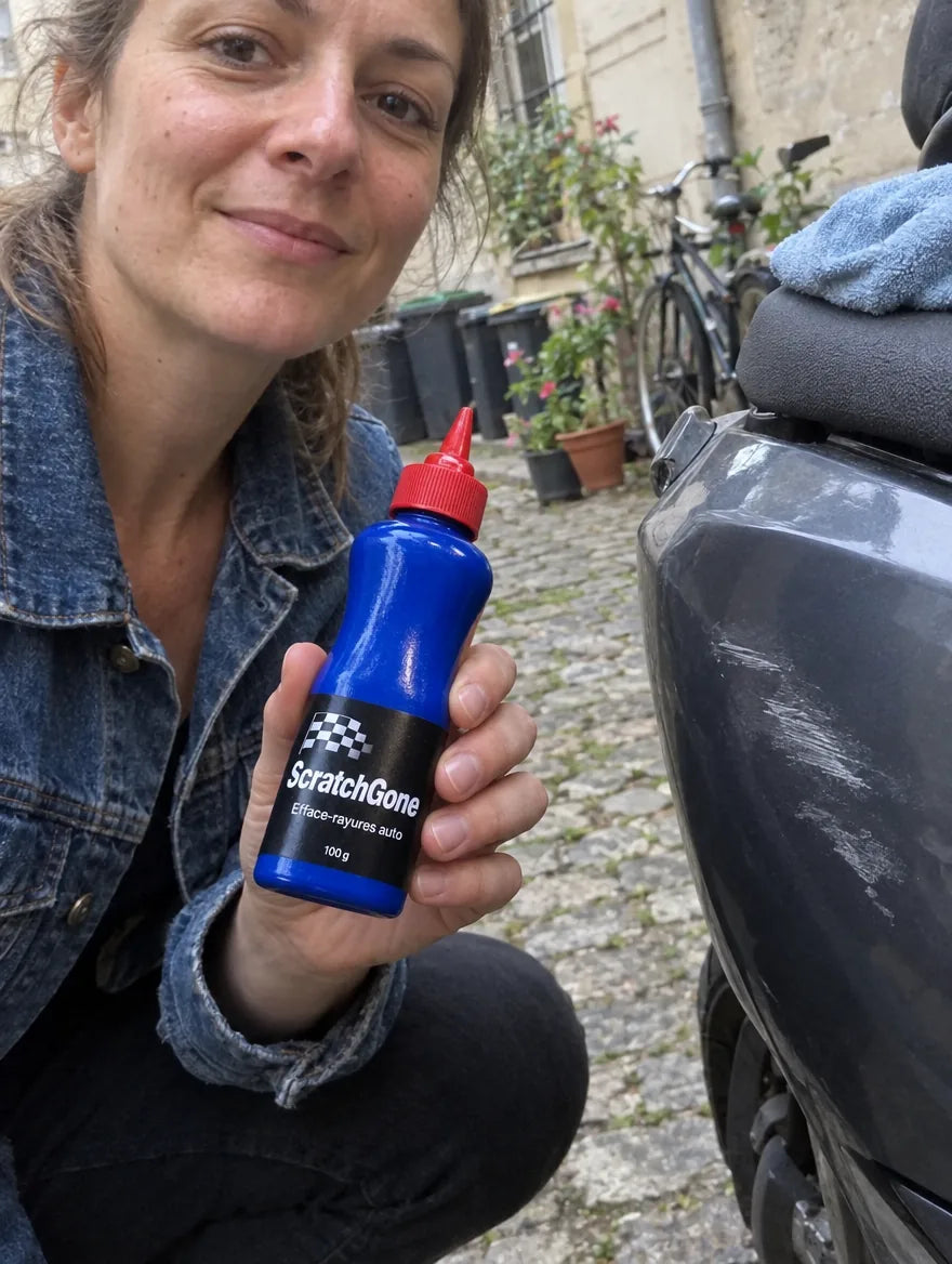 Photo cliente : flacon ScratchGone devant le carénage d'un scooter dans une cour d'immeuble