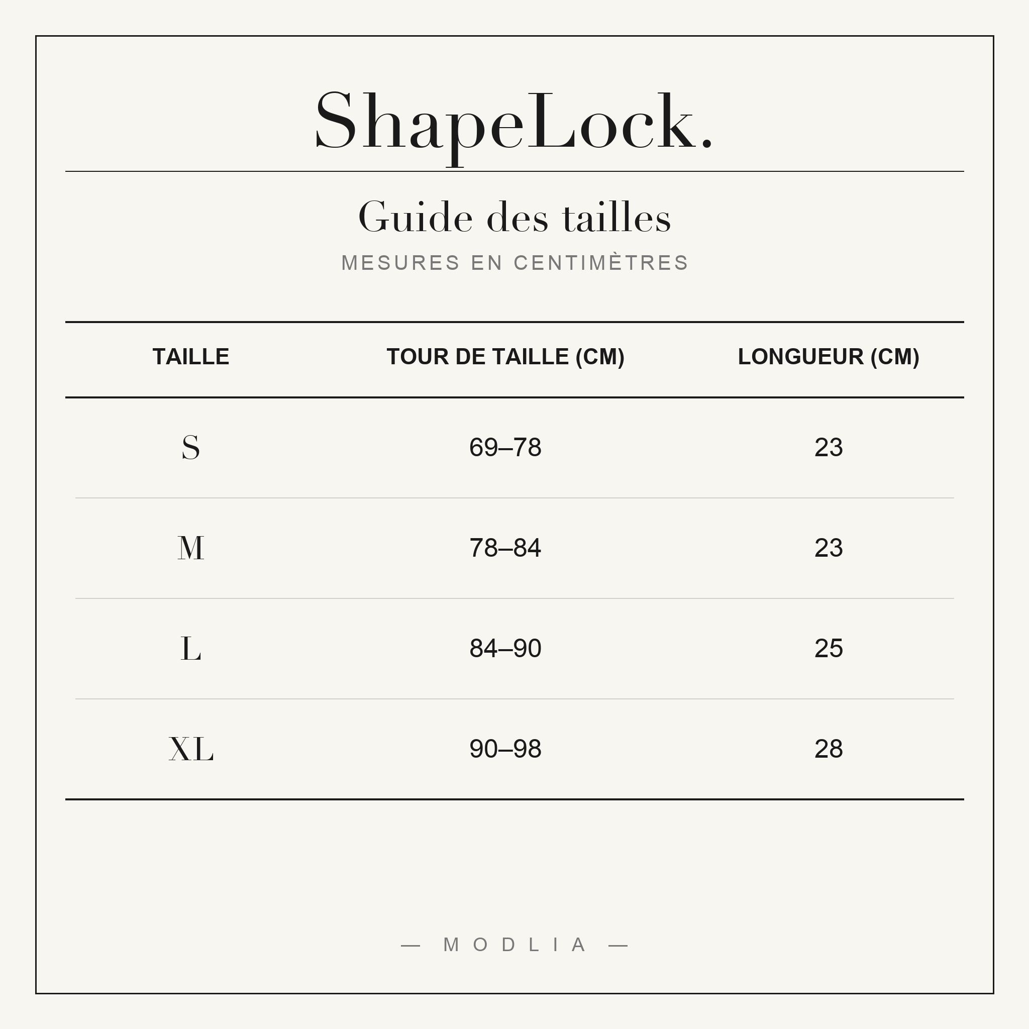 ShapeLock™ — guide des tailles