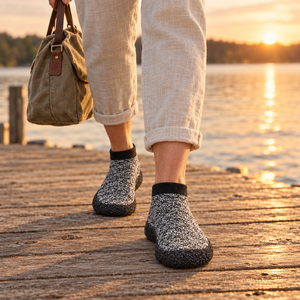 SnugSoles grises portées sur un ponton en bois