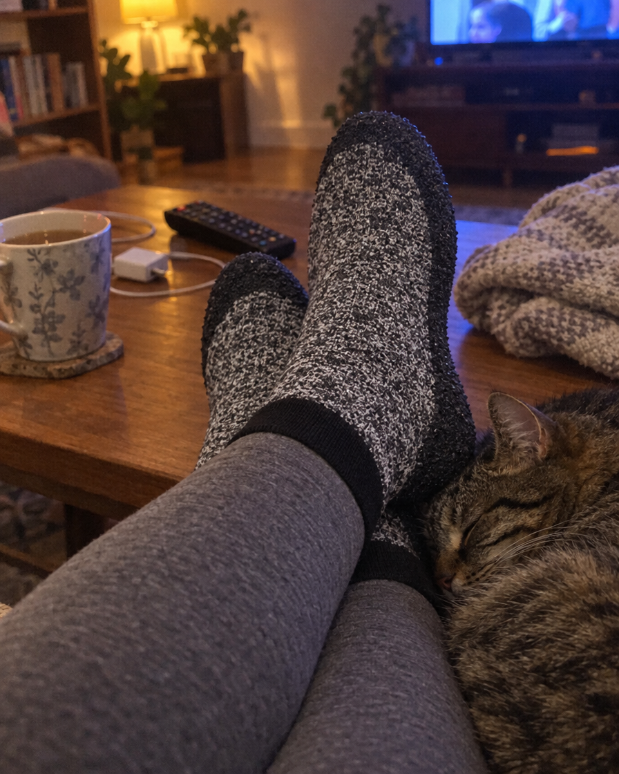 Photo cliente : SnugSoles grises sur le canapé avec son chat