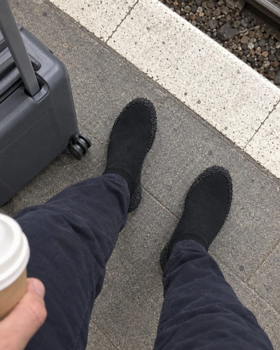 Photo client : SnugSoles noires en gare avec une valise