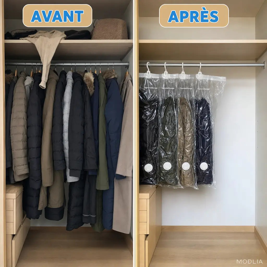 Avant après : penderie encombrée puis manteaux sous vide avec SupremeStorage