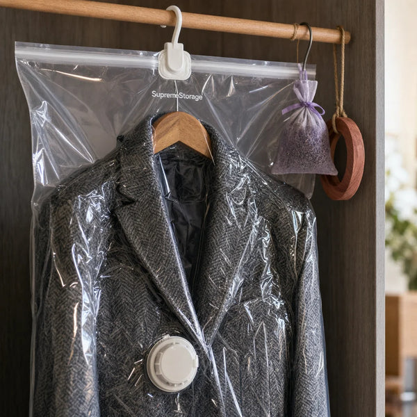 Housse sous vide SupremeStorage plaquée sur une doudoune, zip et valve visibles