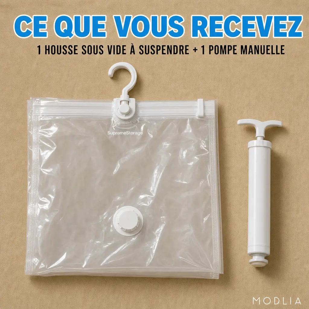 Contenu du lot SupremeStorage : housses, crochets, clips et pompe manuelle