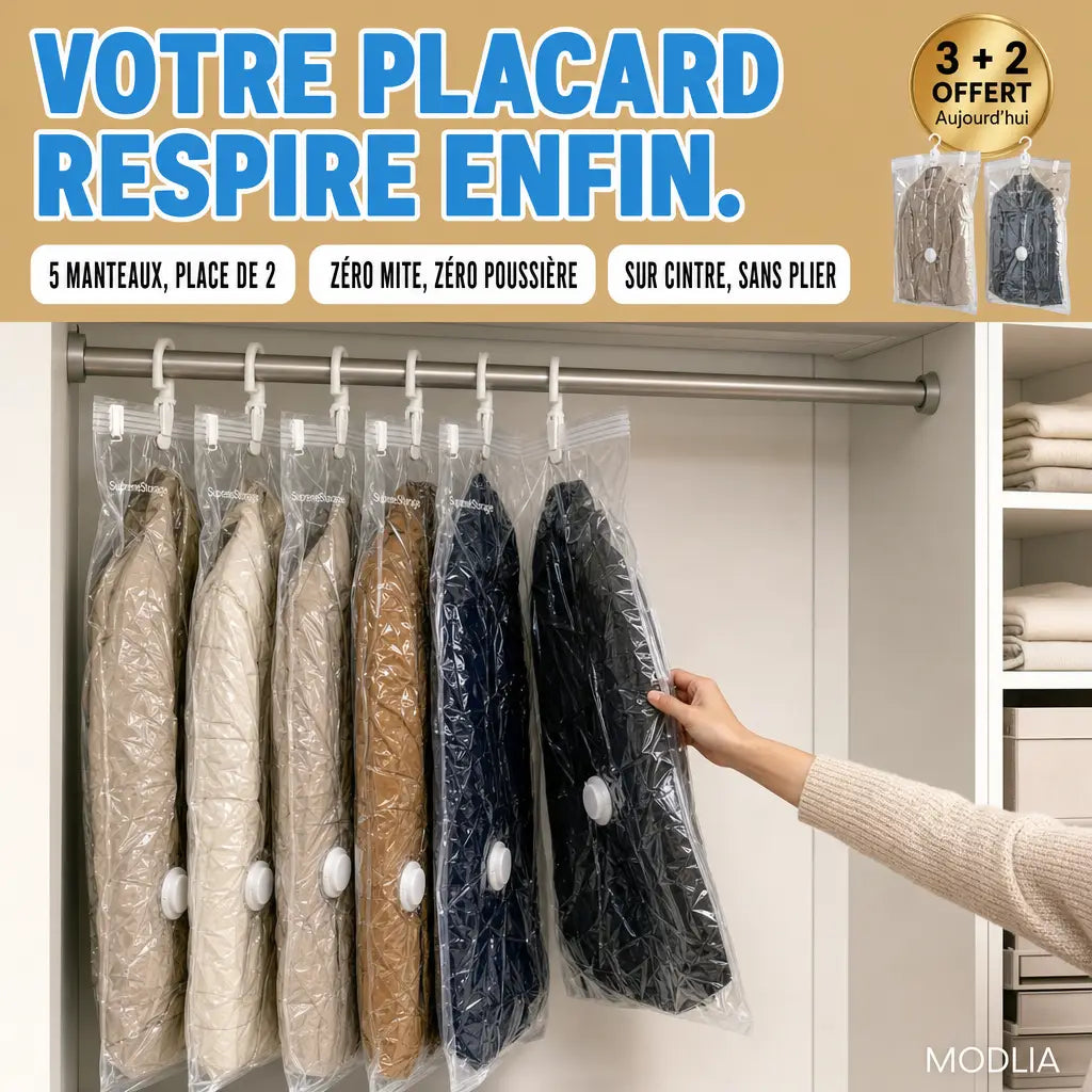 SupremeStorage housse sous vide suspendue : cinq manteaux sur la place de deux