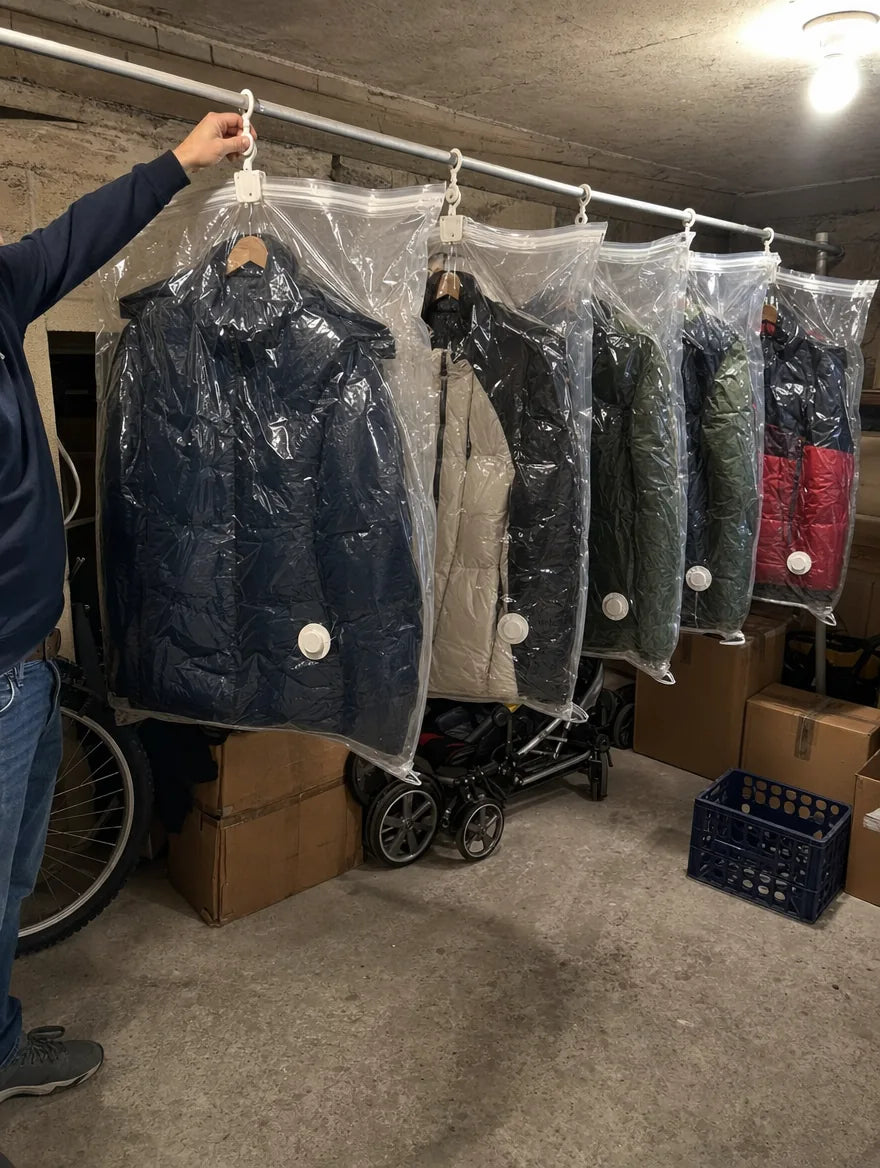 Photo client : cinq housses SupremeStorage suspendues sur une tringle de cave