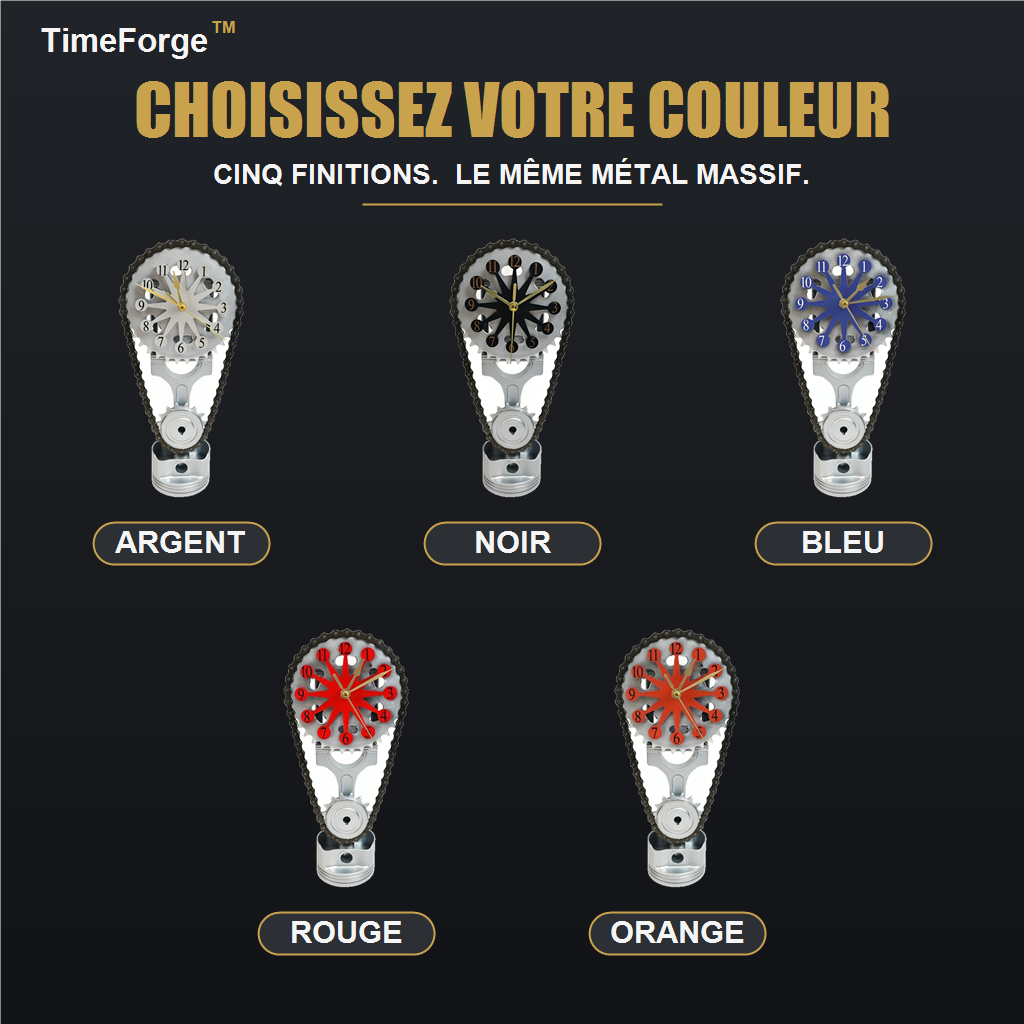 Choisissez votre couleur: TimeForge en argent, noir, bleu, rouge et orange