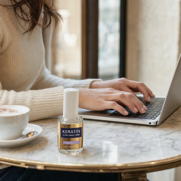 Femme tapant sur un ordinateur portable dans un cafe, ongles naturels sains, flacon VitaNails sur la table