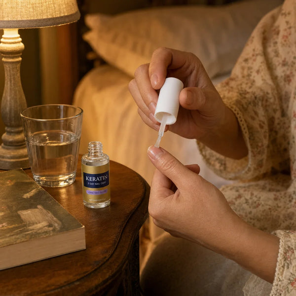 Femme appliquant le sérum VitaNails le soir sur sa table de chevet