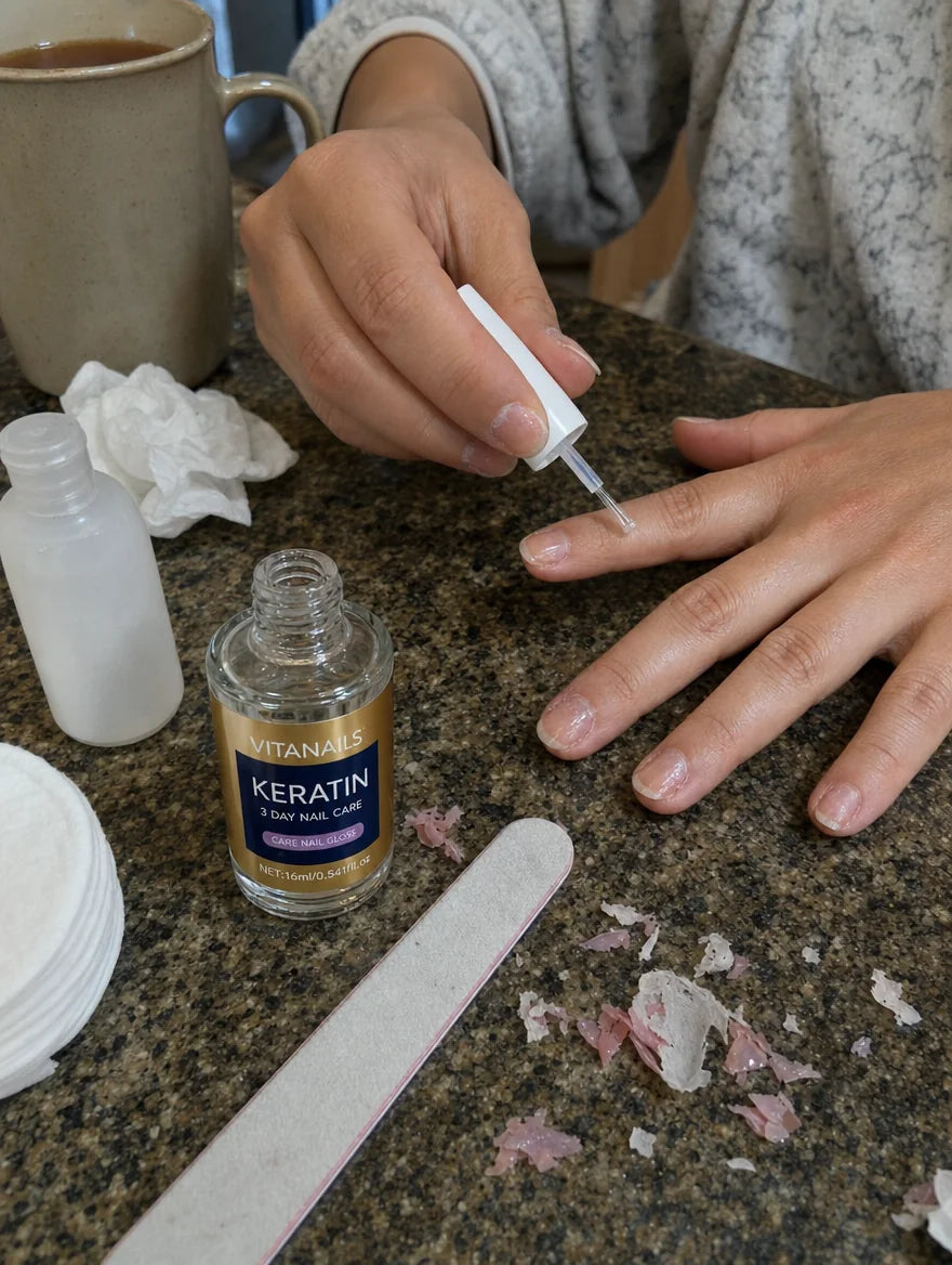 Photo cliente : application de VitaNails sur des ongles fins le jour de la dépose du gel