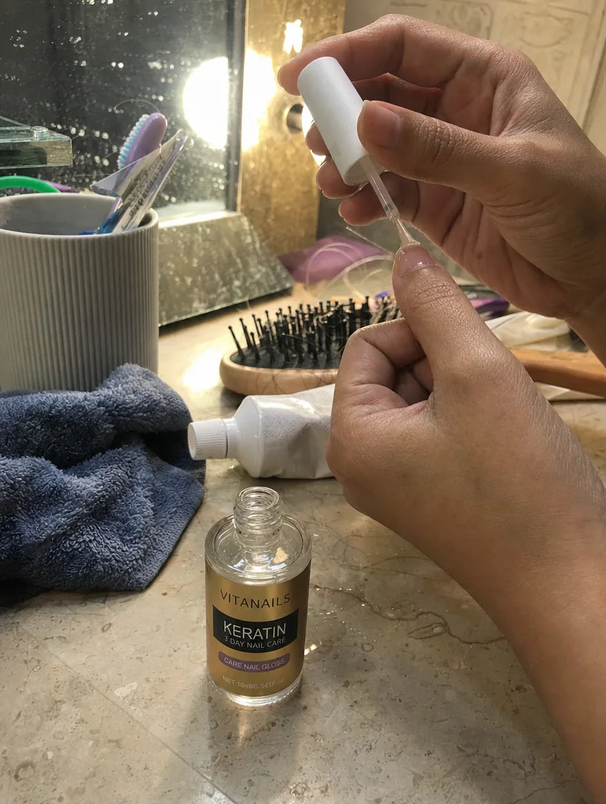 Photo cliente : VitaNails appliqué au pinceau le soir sur un plan de salle de bain